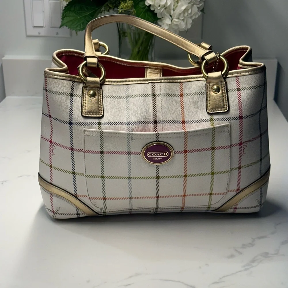 Coach Peyton Tattersall Plaid Rainbow White Shoulder/Tote Bag